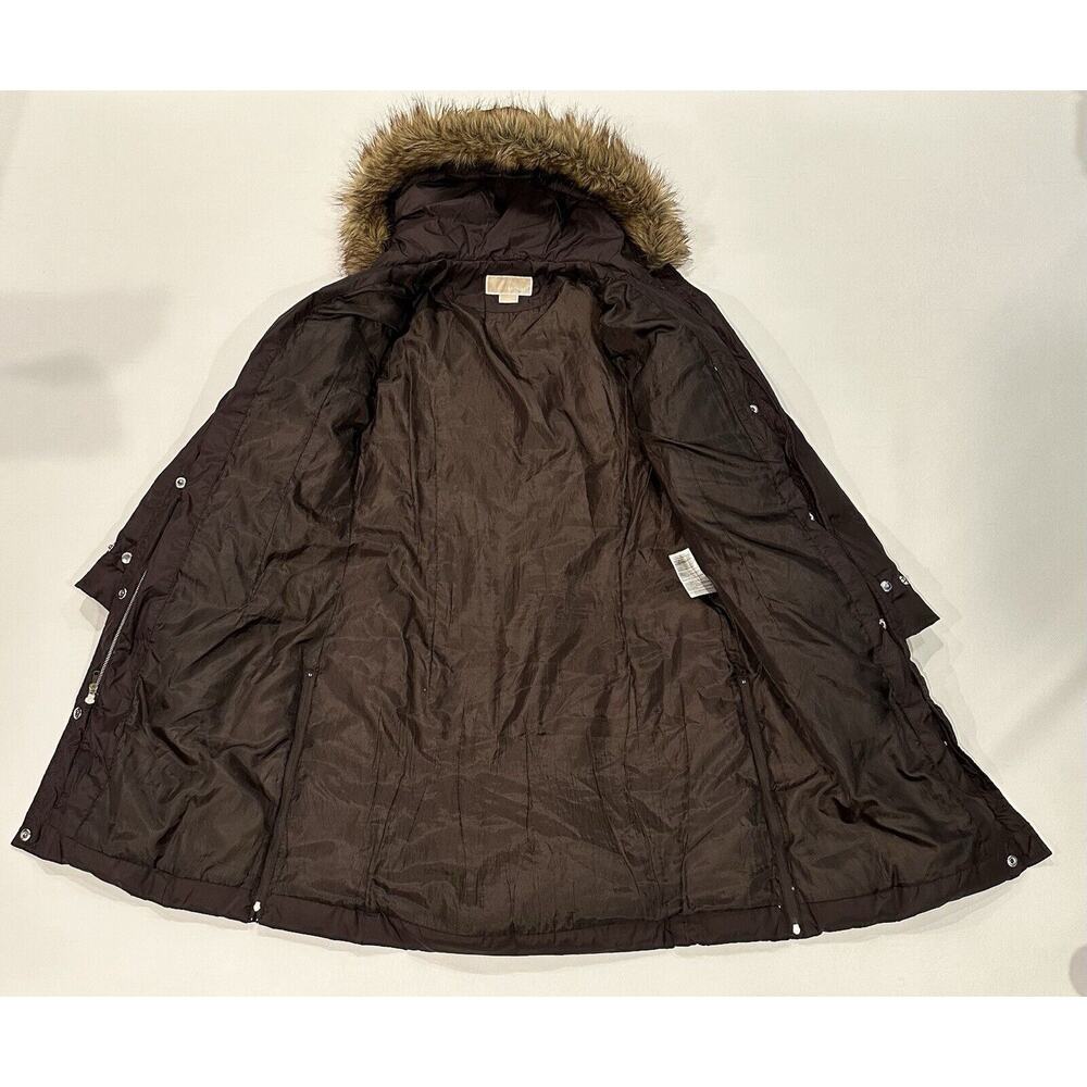 Michael Kors Women’s M Down Puffer Parka Winter Coat Hood With Fur Trim Brown - Picture 10 of 16